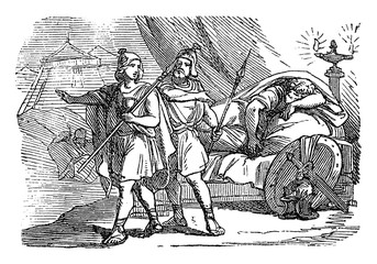 Vintage drawing or engraving of biblical story of David and Abishai spares life of sleeping king Saul in his camp and taking spear instead.Bible, Old Testament,1 Samuel 26. Biblische Geschichte