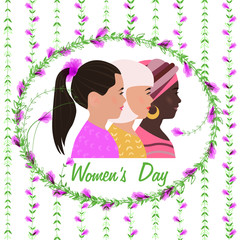 Obraz na płótnie Canvas Beautiful young girls of different nationalities together. Female silhouettes in profile in flat style. Text Women's Day. Frame of spring flowers around women. Greeting card, International Womens Day