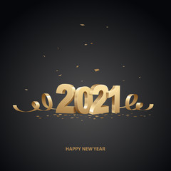 Happy New Year 2021. Golden 3D numbers with ribbons and confetti on a black background.