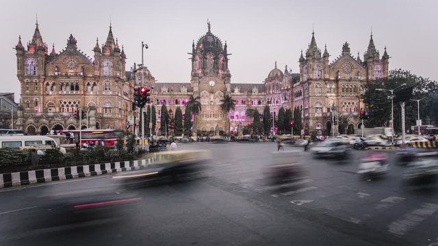 India, Mumbai, Maharashtra, Chhatrapati Shivaji Maharaj Terminus railway station (CSMT), (formerly Victoria Terminus), UNESCO World Heritage Site - time lapse