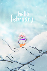 hello February. snowman in snow, winter background. Holiday winter season card. creative minimal idea.  soft focus