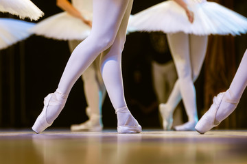 Legs of ballerinas dancing in ballet Swan Lake.