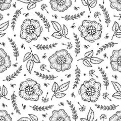 Vector Vintage Floral Background. Flowers Seamless Pattern. Hand Drawn Flowers, Leaves, Sprigs, Seeds