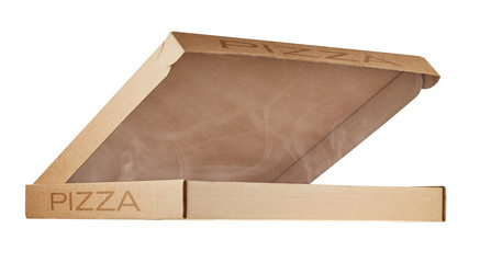 Half-open pizza box with rising steam isolated on a white background. Side view.