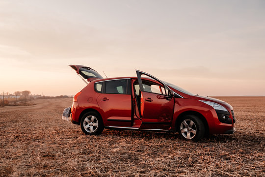 TERNOPIL, UKRAINE - OCTOBER 25, 2019: Picture of One New Suv Car Standing on the Field, Crossover Peugeot 3008 Travel and Road Trip Concept, Background Space