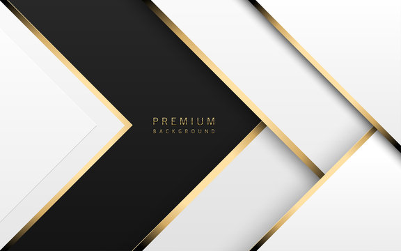Vector luxury tech background. Stack of white paper material layer with gold stripe. Arrow shape premium wallpaper with black backdrop