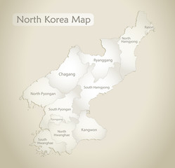 North Korea map, administrative division with names, old paper background vector