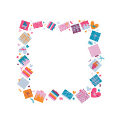 Frame of gift boxes in form of square. Template for holidays, birthday, valentine's day, women's day, anniversary, wedding day, party. Congratulatory frame isolated on white background - Vector