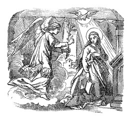 Vintage drawing or engraving of biblical story of angel Gabriel speaking to virgin Mary about immaculate conception and birth of Jesus.Bible, New Testament,Luke 1. Biblische Geschichte , Germany 1859.