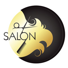 Golden curls of hair female hairstyle and scissors with comb silhouette for beauty salon