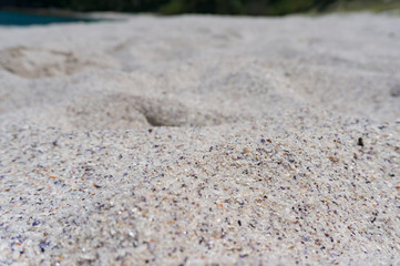 Close up of white silica sand. Summer beach holiday nature texture