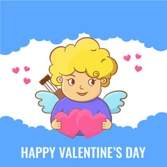 Happy Valentines Day card. Cupid joins two hearts in the clouds in the sky