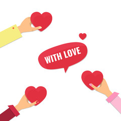 Happy Valentines day card. Hands give each other hearts on white background.