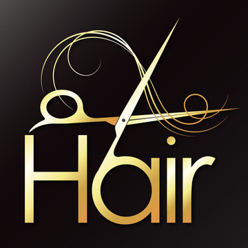Hair golden scissors and curl hair symbol for beauty and stylist