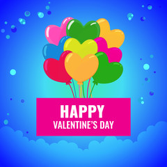 Happy Valentines day card. many colored balls on blue gradient background with clouds. Vector image for advertising, web banner, printing.