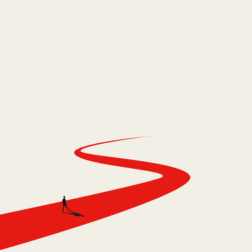 Business goal or objective vector concept with businessman walking winding path. Symbol of ambition, motivation.