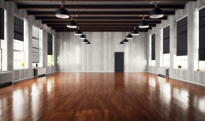 Empty loft interior with wooden floor and big windows.