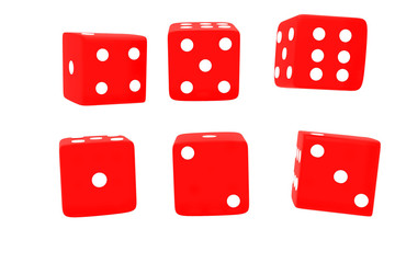 red playing dice in 3D rendering on white background