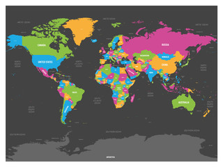 World map. High detailed political map of World with country, capital, ocean and sea names labeling. Colorful map on dark background