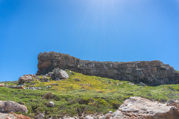 Fototapeta na wymiar Large stone cliff, mountain with green grass