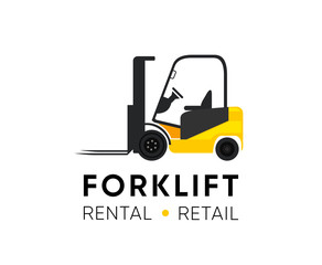 Forklift Logo illustration for Retail Shop, Rental or Repair equipment. Classic Yellow machine vector illustration with Title and Tagline isolated on white.