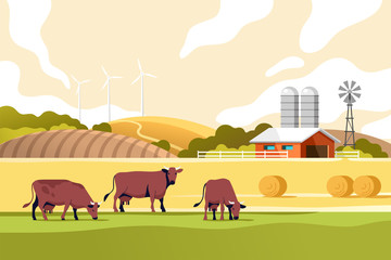 Agriculture industry, farming and animal husbandry concept. Summer rural landscape with cows, fields and farm. Vector illustration.