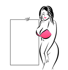 Sexy girl in pink Bra keeping placard with Space for Copy. Vector erotic illustration for Lingerie Store or Sex Shop.