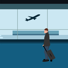 Male tourist with a suitcase at the airport waiting for the plane. Cartoon flat design, vector illustration