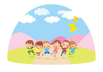 Obraz na płótnie Canvas 桜舞う春の日に大自然の中でジャンプする元気な子供たち【ドーム型】