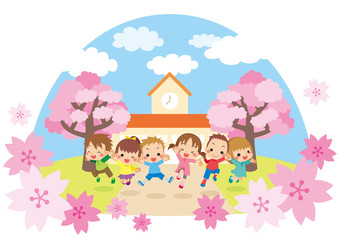 桜舞う春の日に幼稚園の前でジャンプする元気な子供たち【ドーム型】