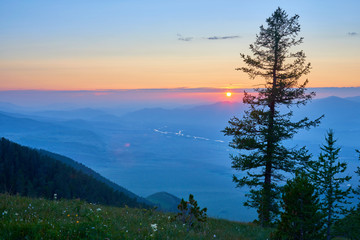 Katon-Karagay National Park, Mountains and Valley vie. Foggy day. Kazakhstan.