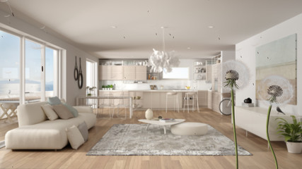 Fluffy airy dandelion with blowing seeds spores over modern living room with sofa and kitchen with dining table. Interior design idea. Change, growth, movement and freedom concept