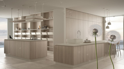Fluffy airy dandelion with blowing seeds spores over modern white and wooden kitchen with island and marble floor. Interior design idea. Change, growth, movement and freedom concept