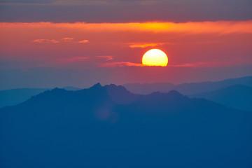Sunset in Katon-Karagay National Park. Foggy day. Kazakhstan.