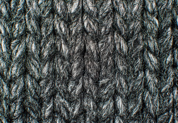 Texture of gray woolen knitted sweater closeup, macro