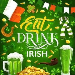 Patricks day Irish holiday food and drinks, vector symbols. Cartoon beer mugs, gingerbread cookie, leprechaun scarf and bow. Irish national flag, horseshoe and golden coins, shamrock green clover leaf