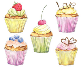 Set with cupcakes, berries, chocolate, cream hand drawn in watercolor sketching style. Food, dessert illustration for menu, pattern, card, package, gift wrapping paper, textile for kitchen design.