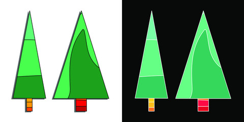 Green Xmas and New Year tree. Set 4 in 1. Single funny cartoon multicolor vector illustration for greeting cards, posters, stickers and seasonal design.