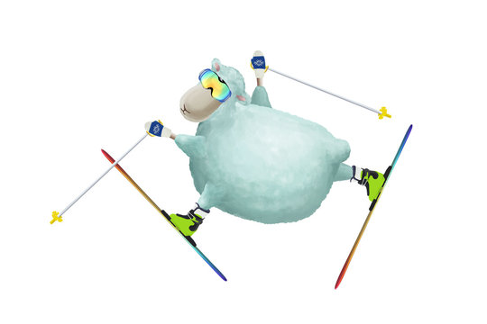 Cartoon sheep skiing, make a happy jump- trick in the air. Isolated element for greeting card, invitation card, comic illustartion