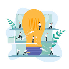 Business people group working around a lamp. Idea concept vector illustration