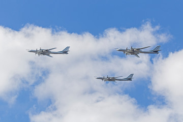 Moscow, Russia - May 04, 2018: Russian strategic bomber Tupolev Tu-95 during Victory Day parade rehearsal