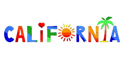 California - funny cartoon multicolored funny inscription, palm and sun. For banners, posters, souvenir magnet and prints on clothing. California - sunny place in USA.