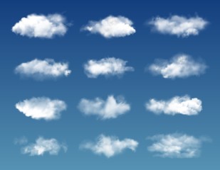 Clouds on blue sky background. Vector realistic white fluffy and transparent realistic clouds. Cloudscape, cloudy heaven, nature and weather, climate and atmosphere