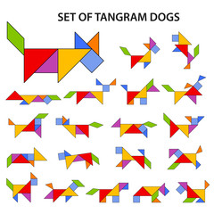 Set of vector tangram puzzles (geometric puzzle) for the development of logical thinking of children and adults. Collection of 20 color shapes of dogs. Vector illustration