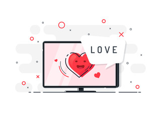 The heart on the TV screen and speech bubble. Trendy flat vector illustration.