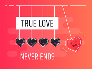 True Love never ends. Newton's cradle with glowing heart. Trendy flat vector heart icons with concept of love on red background.
