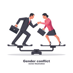 Businessman vs businesswoman in confrontation on scales. Concept of gender equality. Vector illustration flat design. Isolated on white background. Disagreements business people. Symbol competition.