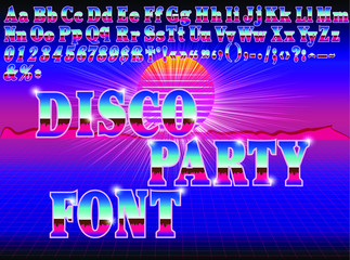 Illustration of a retro disco party bright font on sunset background
