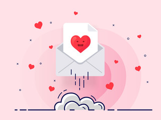 Rocket of mail envelope with red heart and explosive graphic elements. Trendy flat vector illustration.