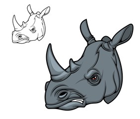 Rhino or rhinoceros animal head mascot of African safari, sport team and hunter club vector character. Angry black rhino wild mammal with two horns and aggressive muzzle